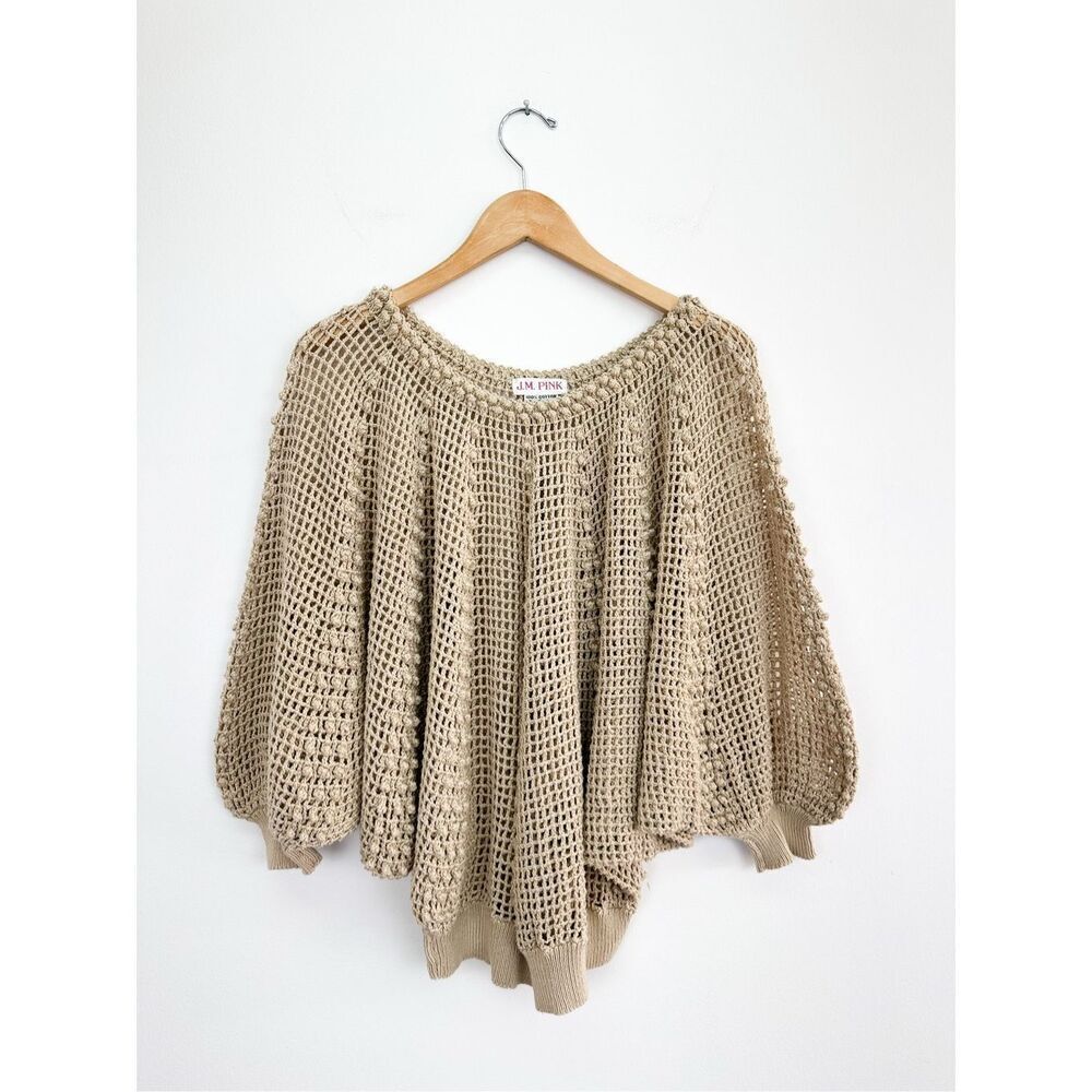 J.M. Pink Women’s Vintage Tan Cream Crochet Open Knit Two Piece Dolman Sleeve Ma - Picture 9 of 14